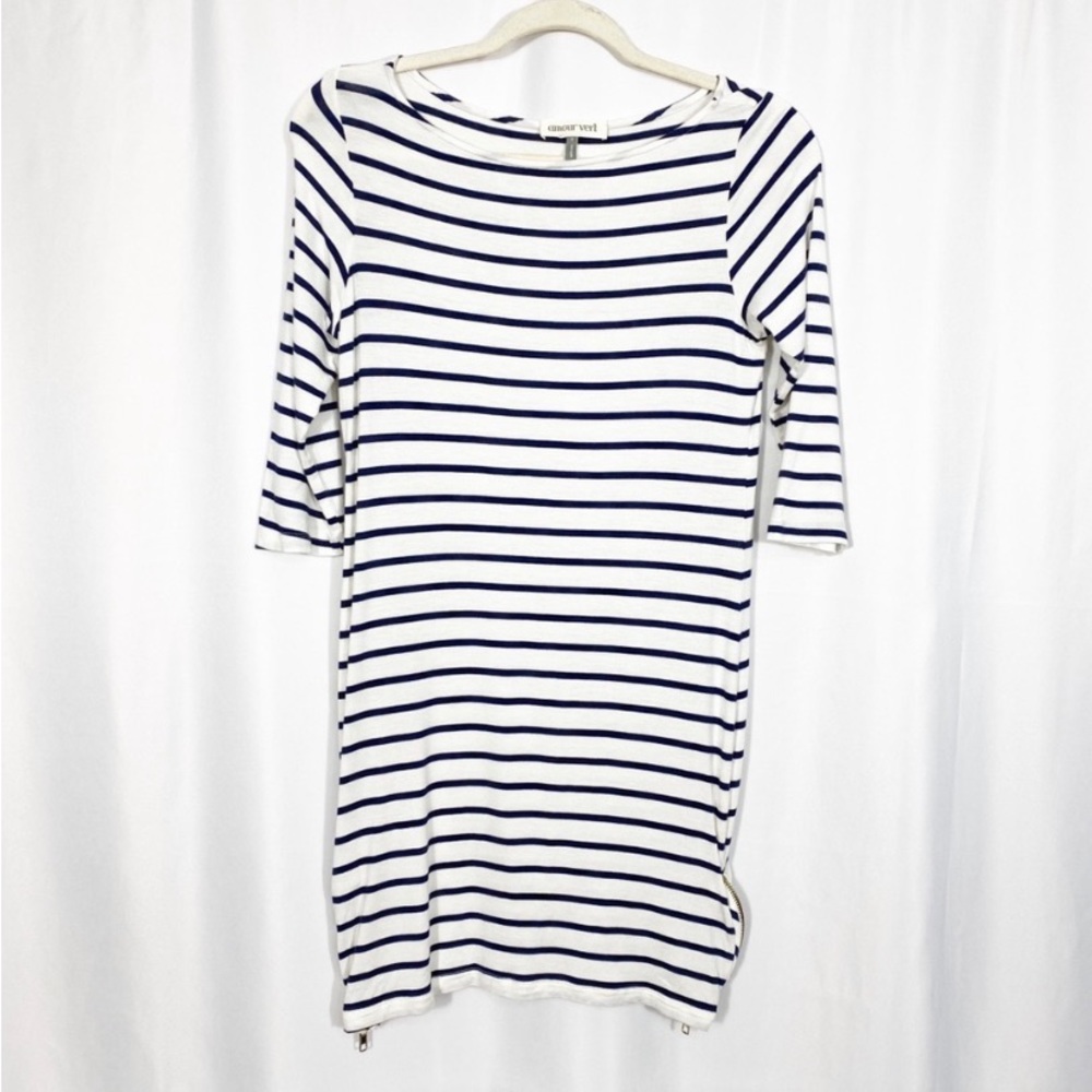 Amour Vert Striped Zipper Mini Dress: Navy Blue/White Nautical
